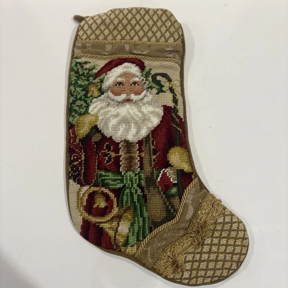 Vintage Santa Claus Wool Needlepoint Christmas Stocking Gold Velvet Backing 15